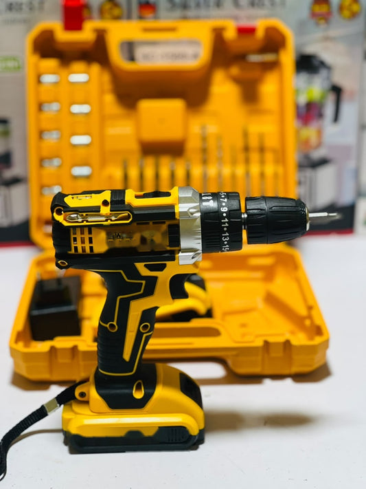 64V Cordless Drill Machine with open carry case, batteries and accessories