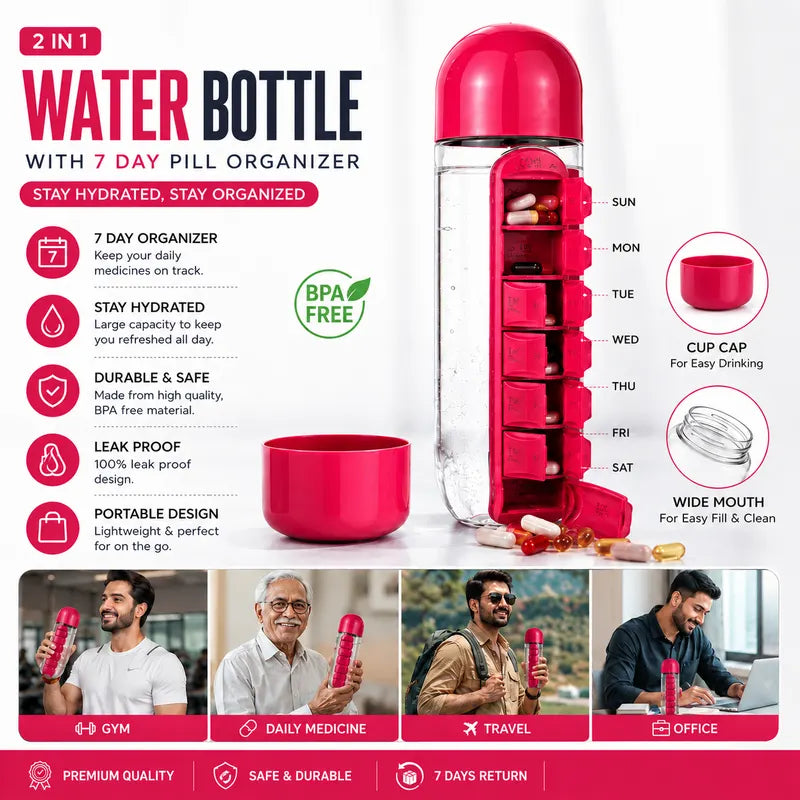 Water Bottle with Built-In 7 Day Pill Organizer
