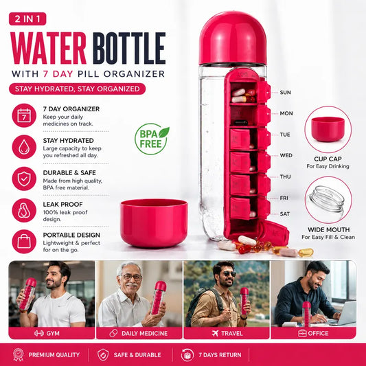 Water Bottle with Built-In 7 Day Pill Organizer